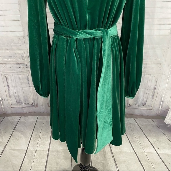 Belle Badgley Mischka size 4 Harmony Velvet Long Sleeve Dress Green Belted Mini - Picture 4 of 10
